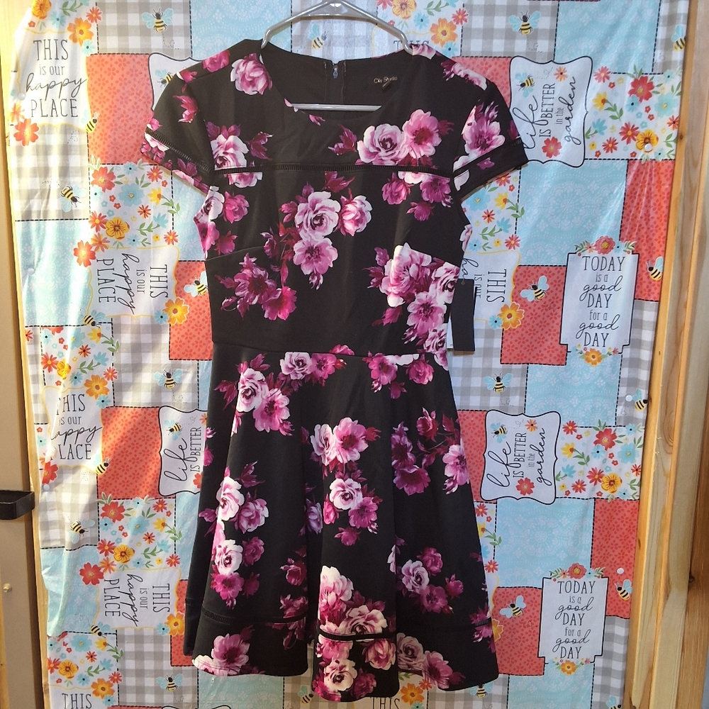 NWT CITY STUDIO FLORAL CAP SLEEVE JEWEL NECK ABOVE KNEE FIT + FLARE PARTY DRESS